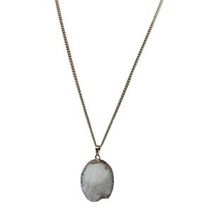 White Crystal Rock Pendant With Necklace Gold Tone